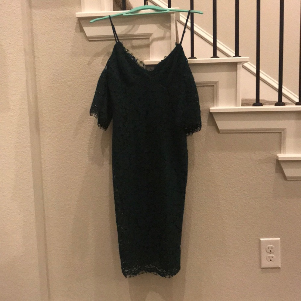 Bardot dark green lace off the shoulder dress